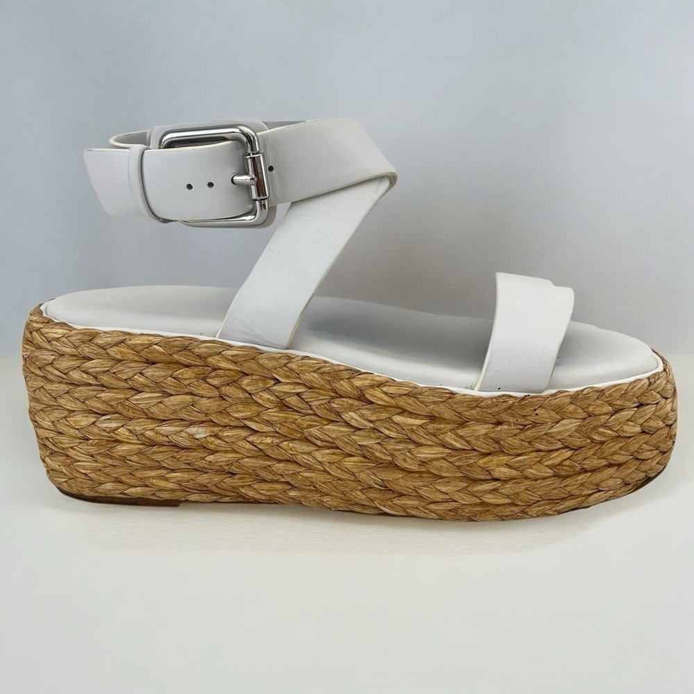 DONNA KAREN Lolah Leather Ankle Strap Raffia Platform Sandal In Optic White NEW